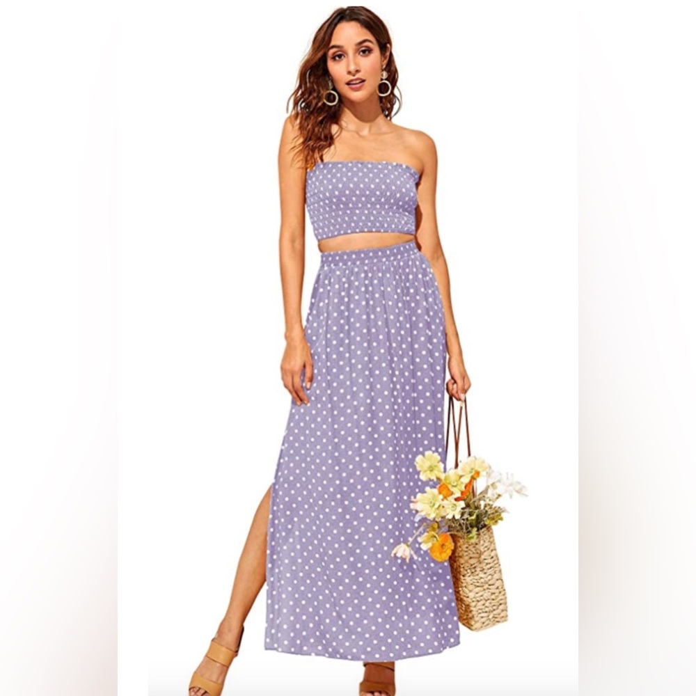 Lilac Polka Dot Printed 2 Piece Outfit, Crop Tube Top and Split Long Skirt Set